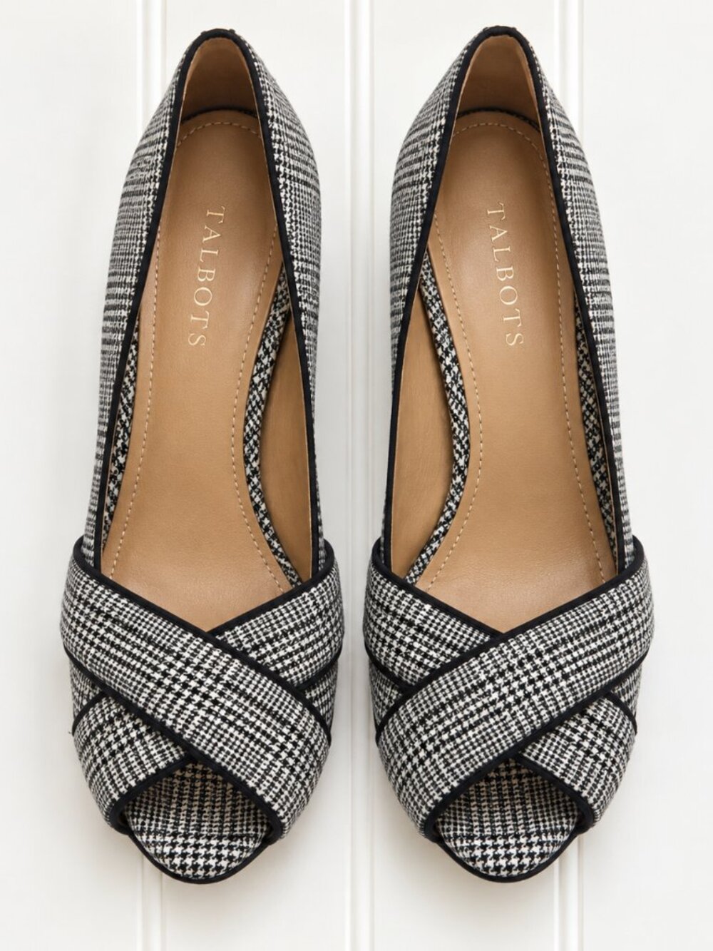 Talbots Plaid Peep Toe Heels Womens 10 Black White Crisscross Stiletto Pumps